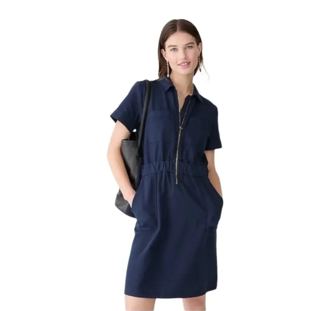 J.Crew Dress Women Blue Navy Half Front Zip Chino Utility Dress Size 4